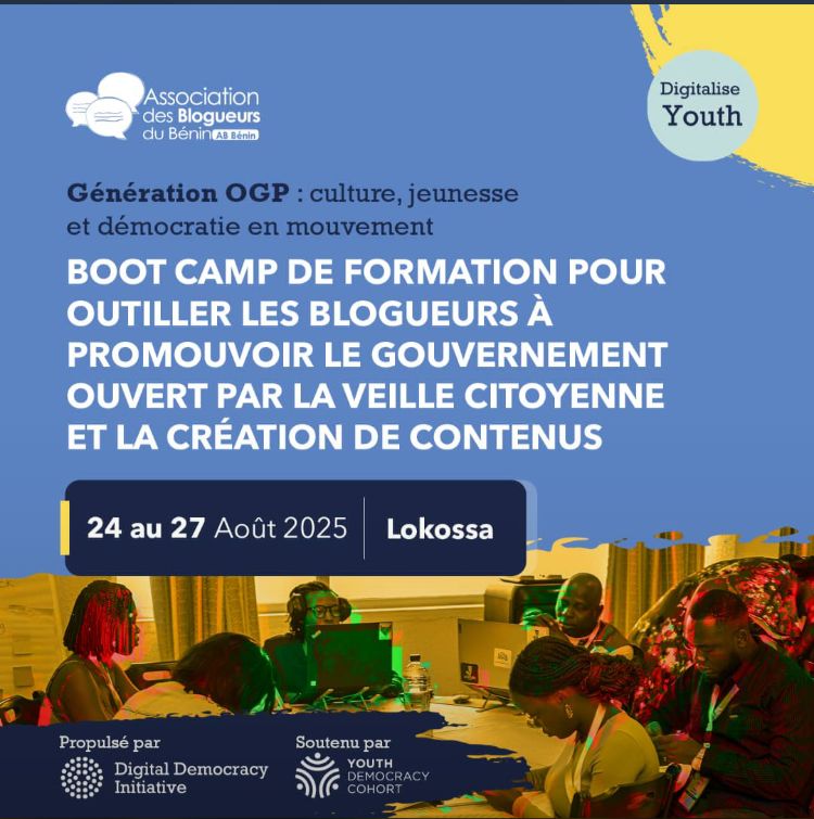 Génération OGP : culture, jeunesse et démocratie.

Depuis ce matin, les blogueurs et blogueuses de l'Association des Blogueurs du Bénin participent à un BootCamp destiné à renforcer leurs capacités. L'objectif est de les outiller à promouvoir le gouvernement ouvert à travers la