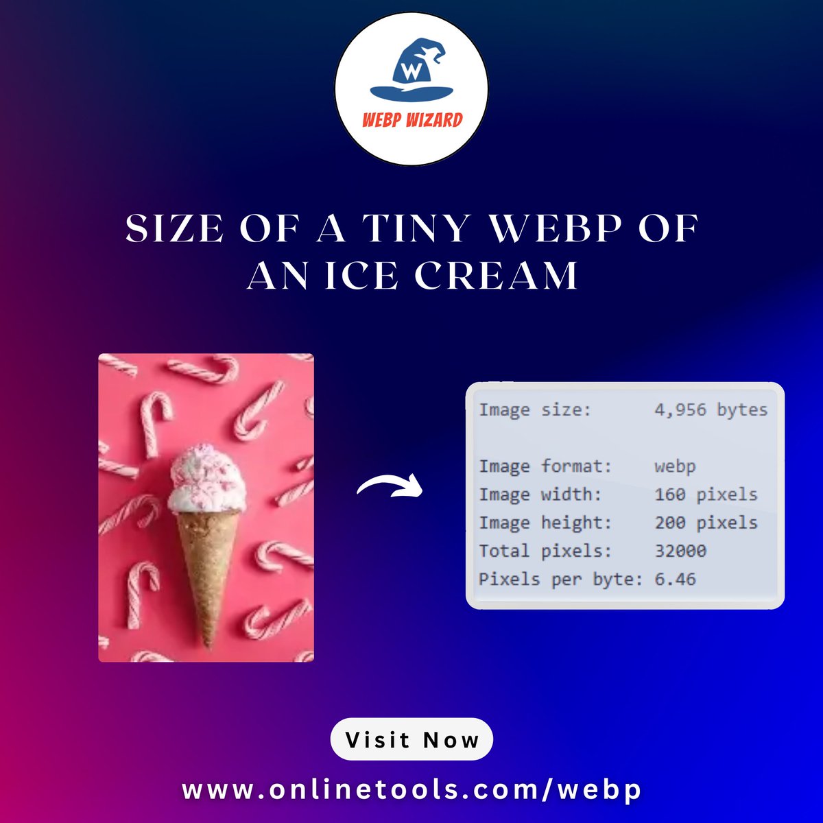 WebpWizard's tweet image. In this example, we calculate the WebP size of an ice cream.
Try our Tool: onlinetools.com/webp/find-webp…
#imageoptimization #webpconversion #compressimages #webperformance #seooptimization #fastloading #webdesigntrends #digitalmarketingtips