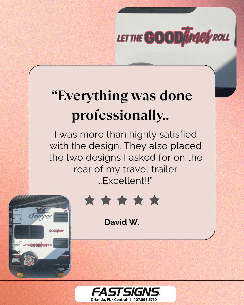 FastsignsOrland's tweet image. Roll into excellence with designs that speak! 🎨✨ Thank you, David, for trusting us with your RV Vinyl Graphics. Your satisfaction is our success! 

#FastSignsOrlandoCentral #SignageStars #CustomerReviewSpotlight #TravelTrailerDesign #MakeYourStatement