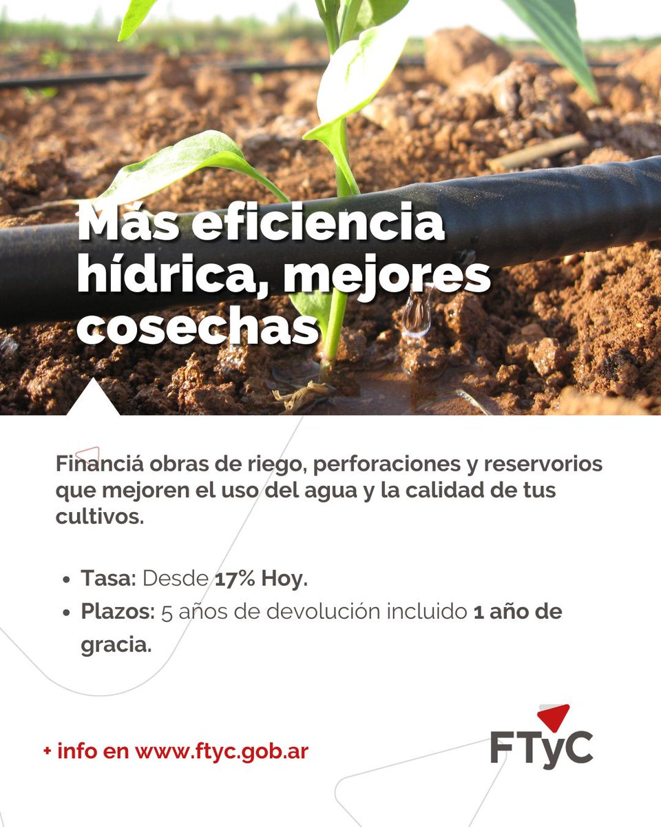 🌱 En Mendoza, invertir en eficiencia hídrica significa producir más y mejor: cultivos de mayor calidad, cosechas más estables y un uso responsable del agua.

💧 Financiá riego, perforaciones y reservorios, con tasas y plazos según tu proyecto.

👉ftyc.gob.ar/eficiencia-hid…