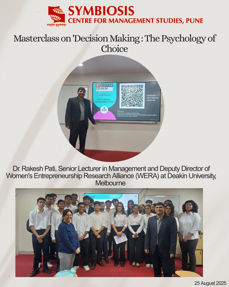 We were delighted to have Dr. Rakesh Pati, Senior Lecturer in Management and Deputy Director of Women's Entrepreneurship Research Alliance (WERA) at Deakin University, Melbourne
Dr. Rakesh conducted a Masterclass for our students on Decision Making: The Psychology of Choice
