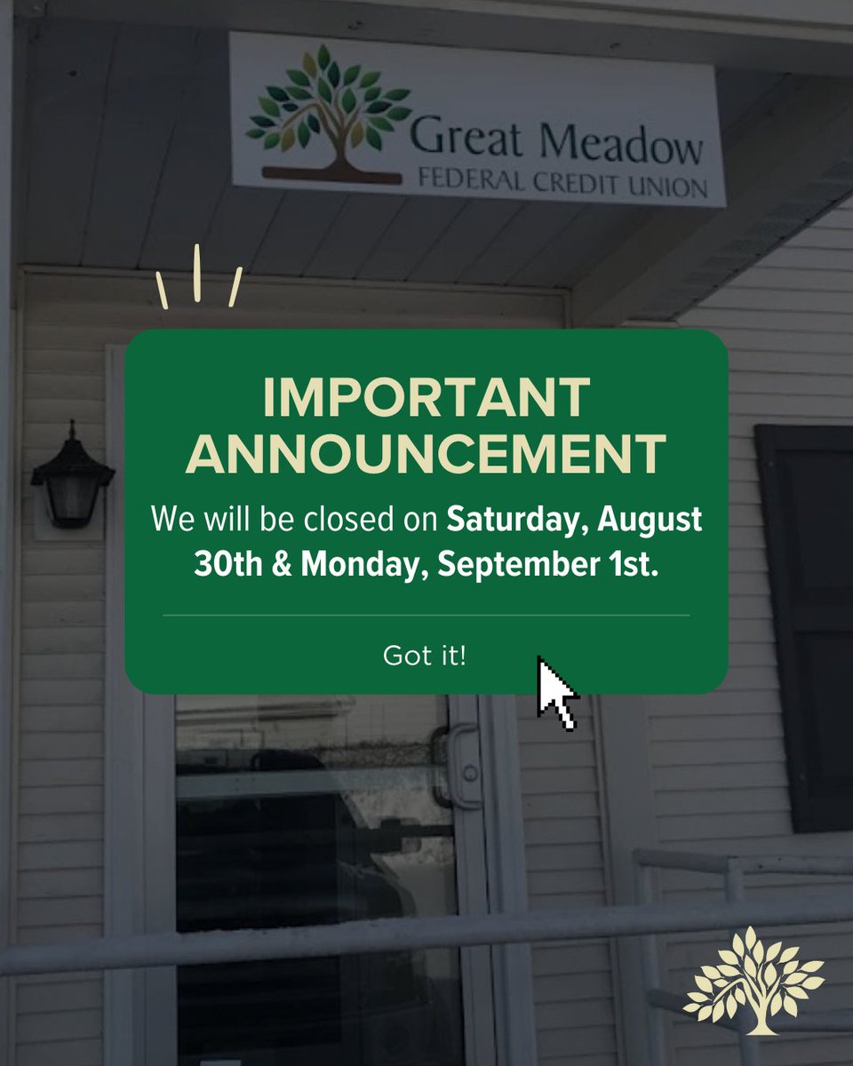 Reminder: We will be closed on Saturday, August 30th and Monday, September 1st for Labor Day. Please plan ahead for any banking needs, and remember, you can always access your accounts through our mobile app and online banking.

#GMFCU #LaborDay #GreatMeadowFCU