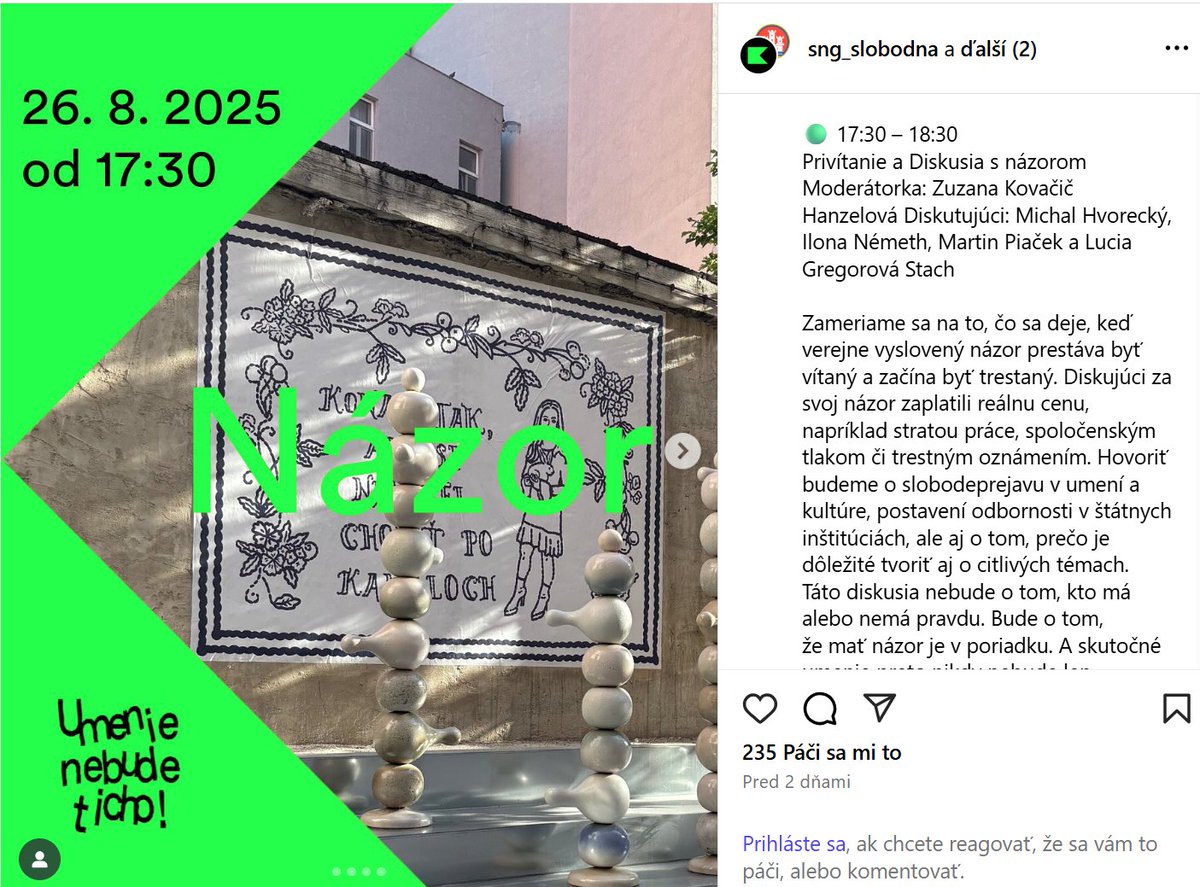 Ešte zajtra môžete zažiť garáže pred unesenou SNG, v ktorej dnes zničili ďalšie významné umelecké dielo. Potom sa objekt ide rekonštruovať, aby slúžil verejnosti a Starému Mestu. Uvidíte aj časť diela Fragmenty ústavnosti, ktoré sme vytvorili s Ilonou Németh. Srdečne pozývame!