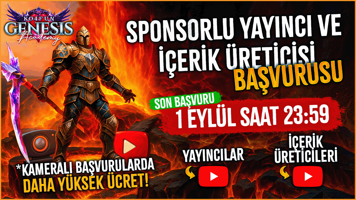 👉KO4FUN - ACADEMY YAYINCILIK BAŞVURULARI AÇILDI
🔗 Başvuru şartları ve tüm detayları için: 
forum.ko4fun.net/index.php?/top…ıncı-alımları/
👉KO4FUN - ACADEMY GELİYORRRR HAZIRLAN
⚔️6.Academy 29 Ağustos Cuma (%600 Drop -Exp Event)
⚔️300.000 TL (NAKİT) Ödüllü 8v8 Party Turnuva