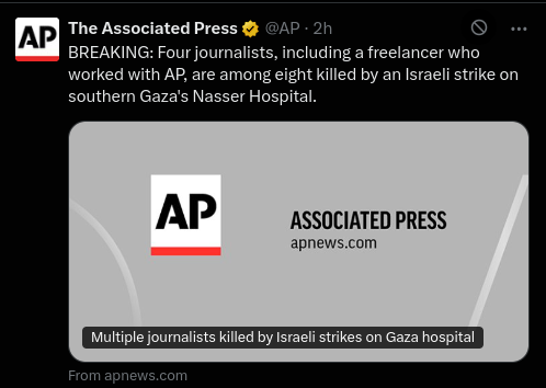 Jedna ze zavražděných novinářů - Marian Riyad Abu Dagga - nezávislá novinářka spolupracující s agenturou <a href="/AP/">The Associated Press</a>

Tento zpravodajský kanál ani nemá na to, napsat její jméno v titulku

Všechny tyto novinářské portály papouškující izraelskou propagandu, jsou komplicitní v této genocidě