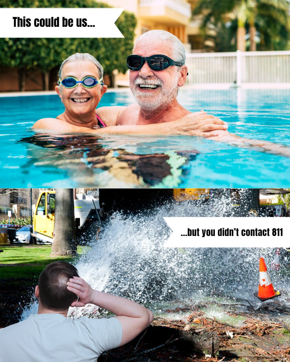 Avoid water main heartbreak 💔. Contact 811 before you dig and help your next project end in a pool party, not a plumbing disaster.