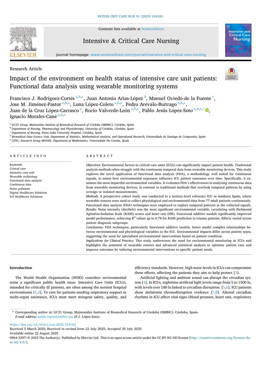 En verano, no paramos <a href="/ICCNursJournal/">Intensive and Critical Care Nursing</a> nos ha publicado el artículo 
📃 “Impact of the environment on health status of intensive care unit patients: Functional data analysis using wearable monitoring systems” 👨🏻‍⚕️👩🏼‍⚕️🏥
<a href="/HUReinaSofia/">Hospital Universitario Reina Sofía</a> <a href="/uciHURS/">Cuidados Intensivos Hospital Reina Sofia</a>
Disponible 👉🏼 doi.org/10.1016/j.iccn…