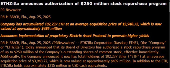 🔴ROVER: ETHZILLA annuncia un programma di riacquisto azioni da 250 milioni di dollari