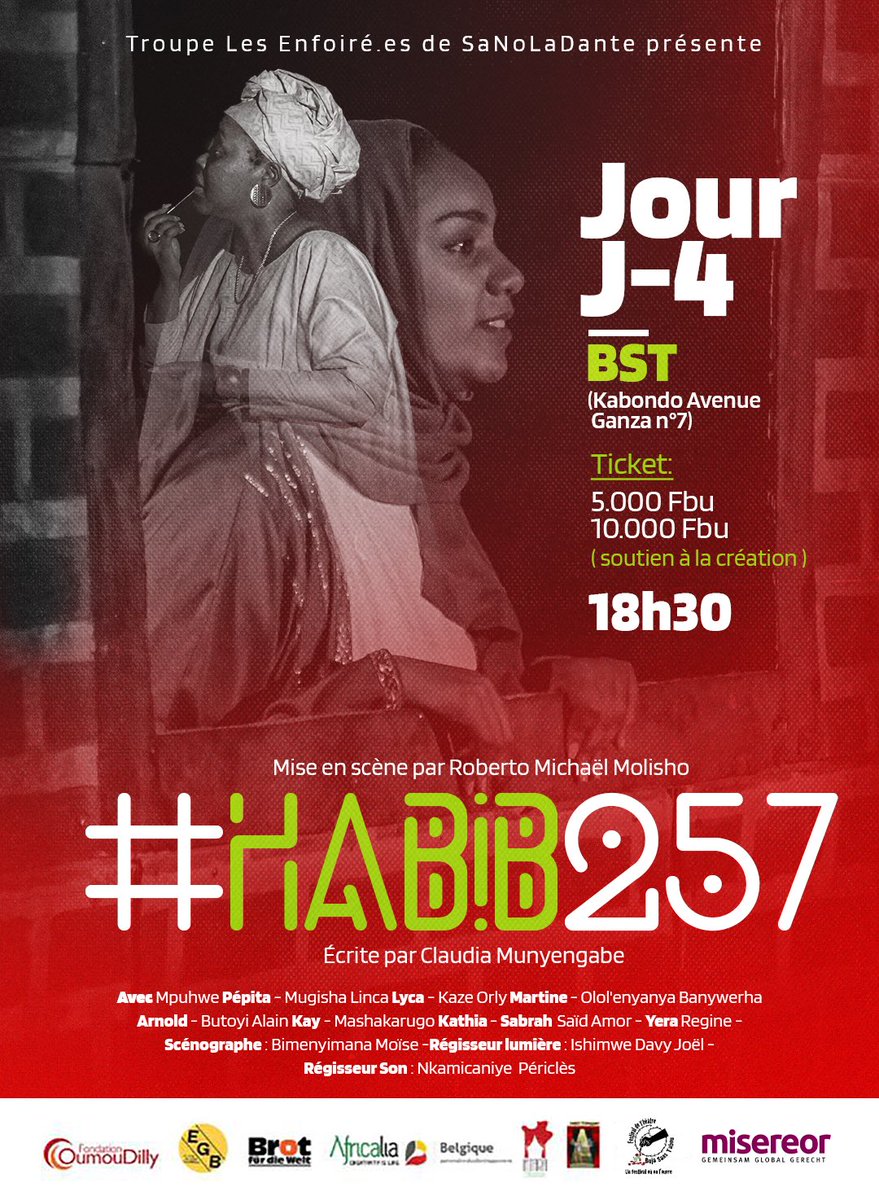🗓️J-4
⏳Le compte à rebours est lancé. 
Ce vendredi, les lumières s’allumeront, les corps vibreront, et les mots de Habiba résonneront enfin.

🎭#Habib257 vous attend. 
Le 29 août, on ne joue pas : on vit. 

⚠️ Pièce non recommandée aux moins de 12 ans.