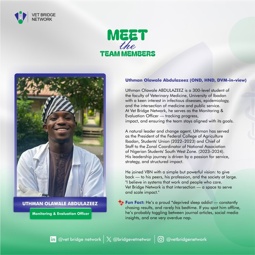 BridgeVetNetwor's tweet photo. Behind every milestone is someone tracking the numbers, shaping the story, and guiding the mission.
Today, we introduce Uthman Olawale Abdulazeez @TheIndus_try, our Monitoring & Evaluation Officer.
#VetBridgeNetwork #VetMentorship #MeetTheTeam https://t.co/l4PrM7QF5Y