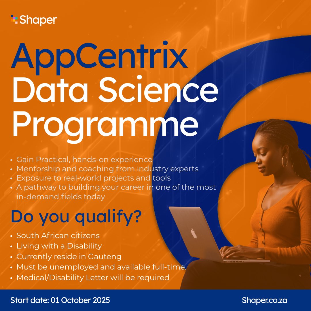 The future doesn’t wait, and neither should you.
Only 6 days left to apply for the AppCentrix Data Science Learnership!
JHB | Starts Oct 2025
For young South Africans living with a disability ready to shape their career.
Apply now: forms.gle/XCUwc5Emg6W1GZ…
 #6DaysLeft #DataScience