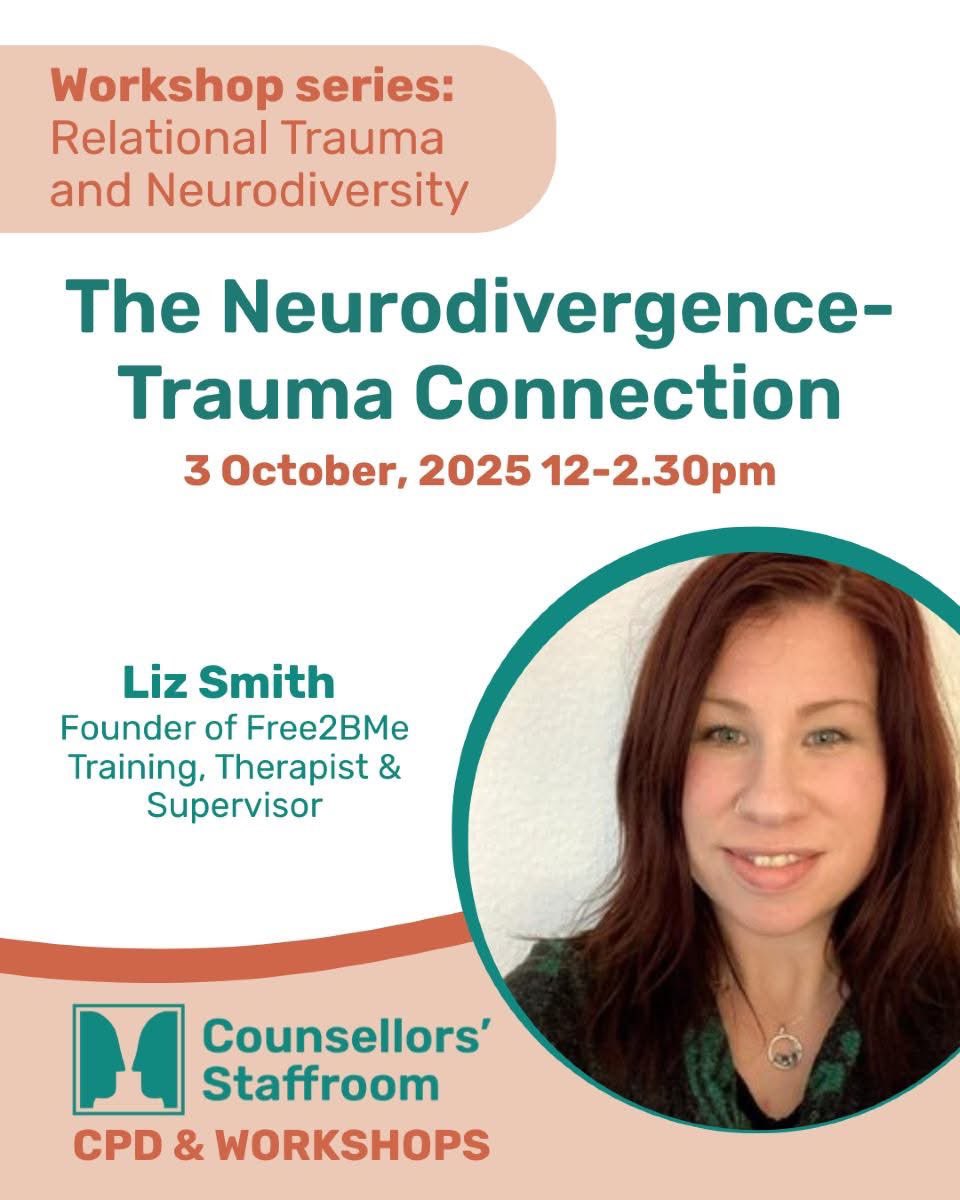 CStaffroom's tweet image. Our first CPD event from the Relational Trauma &amp;amp; Neurodiversity Series: 
📅 The Neurodivergence–Trauma Connection
🗓️ Fri 3 Oct | 12–2:30 PM (UK)
💻 Zoom + recording
🎟️ £35 (CPD cert included)
With Liz Smith, from @Free2BMeND 
🔗 f.mtr.cool/rpeelevsxb
#TherapistsConnect