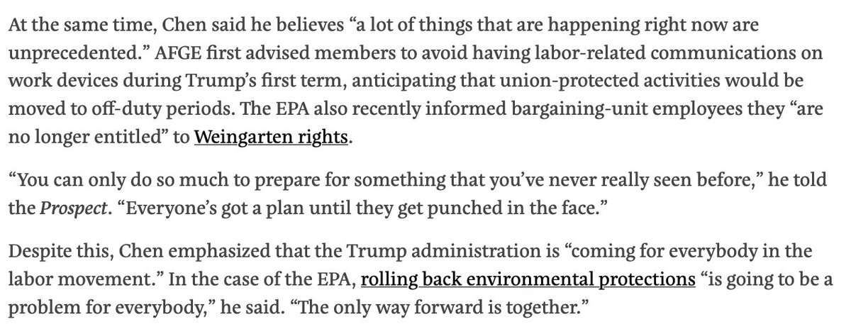 David Dayen (@ddayen) on Twitter photo Documents obtained by <a href="/TheProspect/">The American Prospect</a> show EPA managers trying to require prior approval for union-protected organizing activities—on non-duty time. Telling workers what they can do when they're off the clock is "100% union busting," reports <a href="/jamesjbaratta/">James Baratta</a>:
prospect.org/labor/2025-08-… Documents obtained by <a href="/TheProspect/">The American Prospect</a> show EPA managers trying to require prior approval for union-protected organizing activities—on non-duty time. Telling workers what they can do when they're off the clock is "100% union busting," reports <a href="/jamesjbaratta/">James Baratta</a>:
prospect.org/labor/2025-08-…