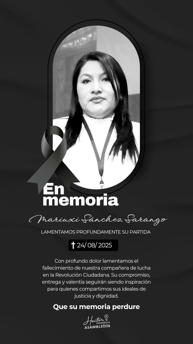 Con profundo pesar despedimos a nuestra compañera <a href="/MariuxiSanchezS/">Mariuxi Sánchez Sarango</a>

Expresamos nuestras más sentidas condolencias a su familia, amistades y seres queridos, seguros de que su legado permanecerá vivo en nuestra memoria y en cada acción por un futuro más justo.

¡Hasta siempre,