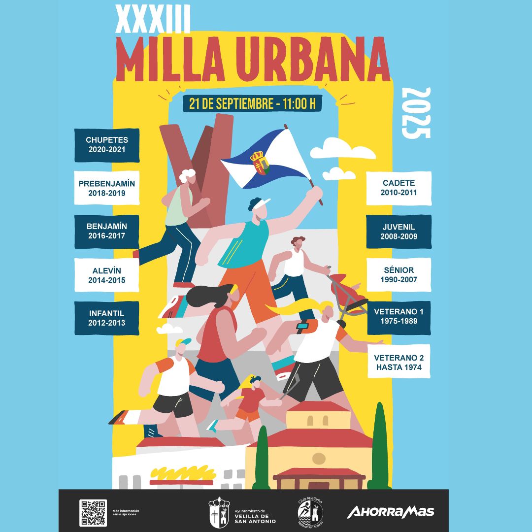 AytoVelilla's tweet photo. 👟 Trigésima tercera edición de nuestra Milla Urbana, junto con el Club Atletismo Velilla de San Antonio y con el patrocinio habitual de supermercados Ahorramas.

📆 Domingo 21 de septiembre a las 11:00 horas en la Plaza de la Constitución

ℹ️ https://t.co/s4UuSFuiRJ https://t.co/7ozIVTFx2h