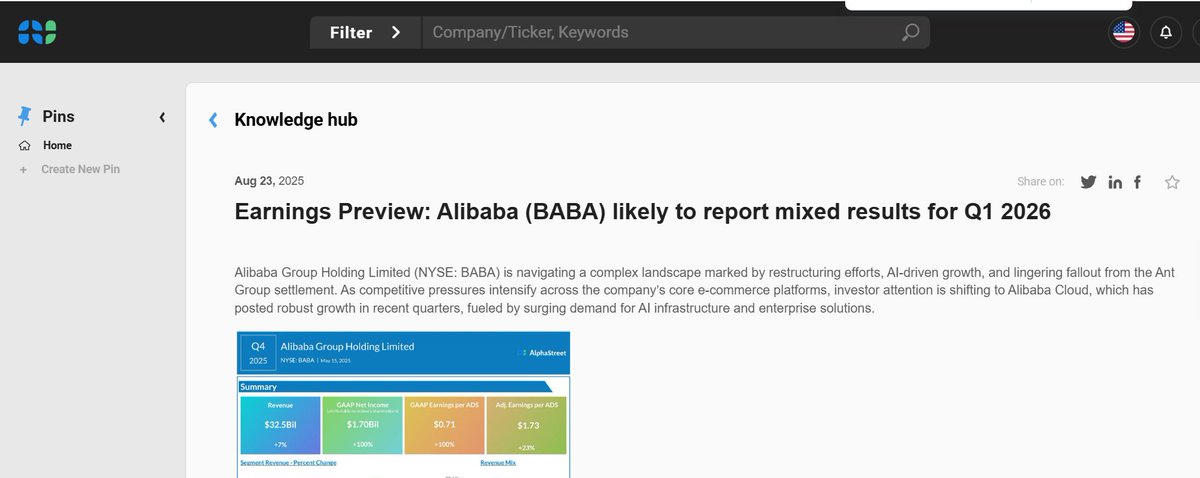 Alibaba Group (BABA) is preparing to report its first-quarter 2026 earnings on August 29, before the opening bell. <a href="/AlibabaGroup/">Alibaba Group</a> 
#alibaba #earnings #BABA #ecommerce #Cloud 

app.asai.alphastreet.io/test-drive/kno…