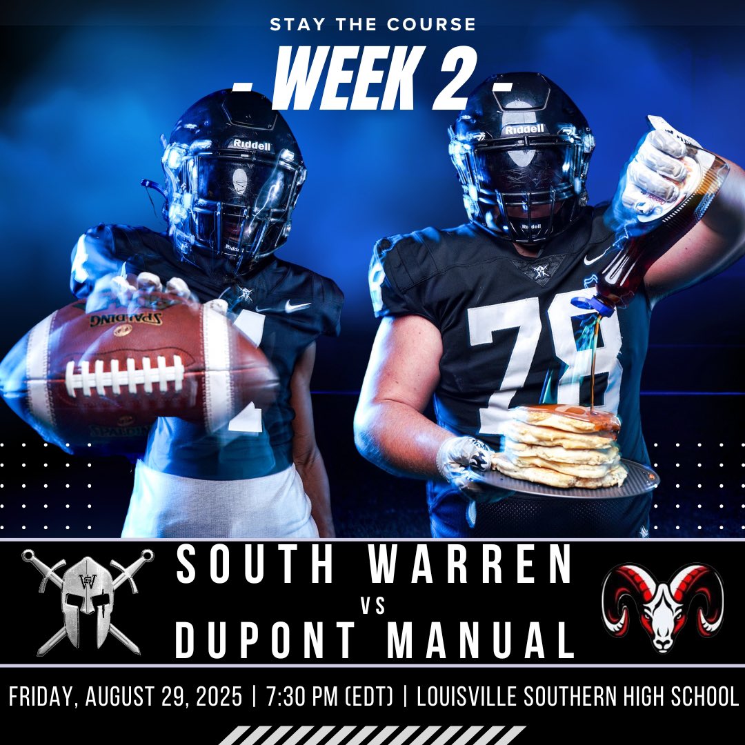 ⚔️ GAME WEEK TWO ⚔️

South Warren vs. DuPont Manual
Friday, August 29, 2025
7:30 p.m. EDT

Louisville Southern High School
8620 Preston Highway
Louisville, KY 40219

Tickets - bit.ly/SouthVsManual

⚔️ STAY THE COURSE ⚔️