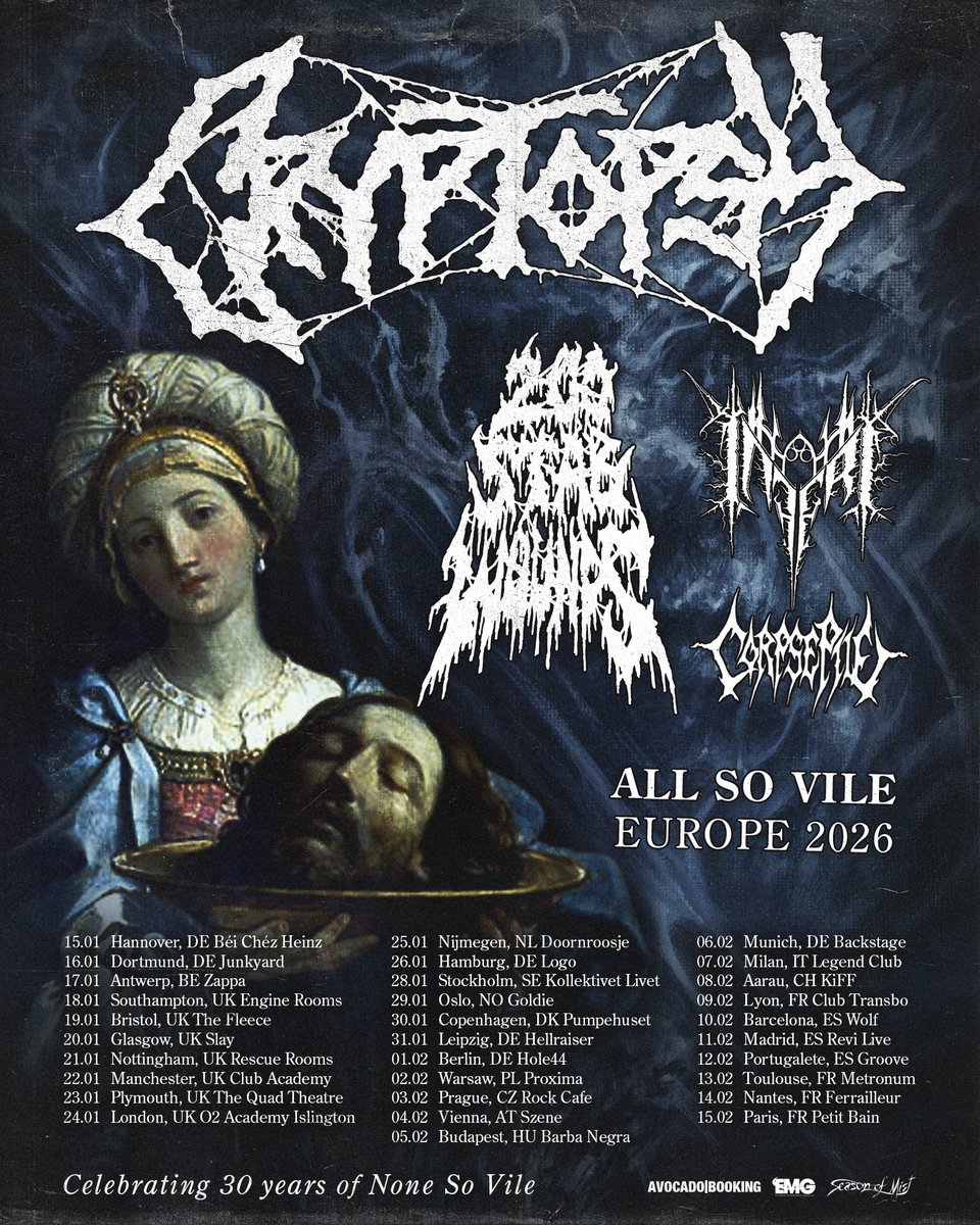 CRYPTOPSY | 200 STABWOUNDS | INFERI | CORPSE PILE 😈
Can't wait to cross the pond for this one!! 

Tickets drop on Wednesday, August 27th, at 10 am CEST.
SEE YOU SOON!!