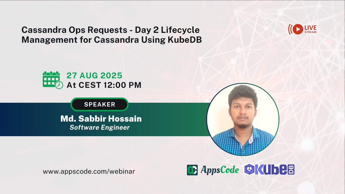 AppsCodeHQ's tweet image. Webinar alert: Cassandra Ops Requests - Day 2 Lifecycle Management for Cassandra Using KubeDB 🚀 
📅 When: 27 August 2025, CEST 12:00 PM
🔗 Register now: appscode.com/webinar/
#AppsCode #KubeDB #Cassandra