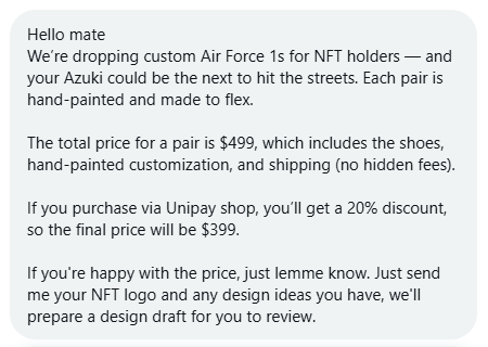 punkquidity's tweet photo. just got this dm from @Web3_Kicks 

they're making custom hand-painted Air Force 1s for NFT holders

looks super cool, whoever came up with this idea, it's genius

and honestly way easier to sell in web3 than anywhere else

would you guys cop something like this for your pfp?

p.s. not an ad, just thought it was cool