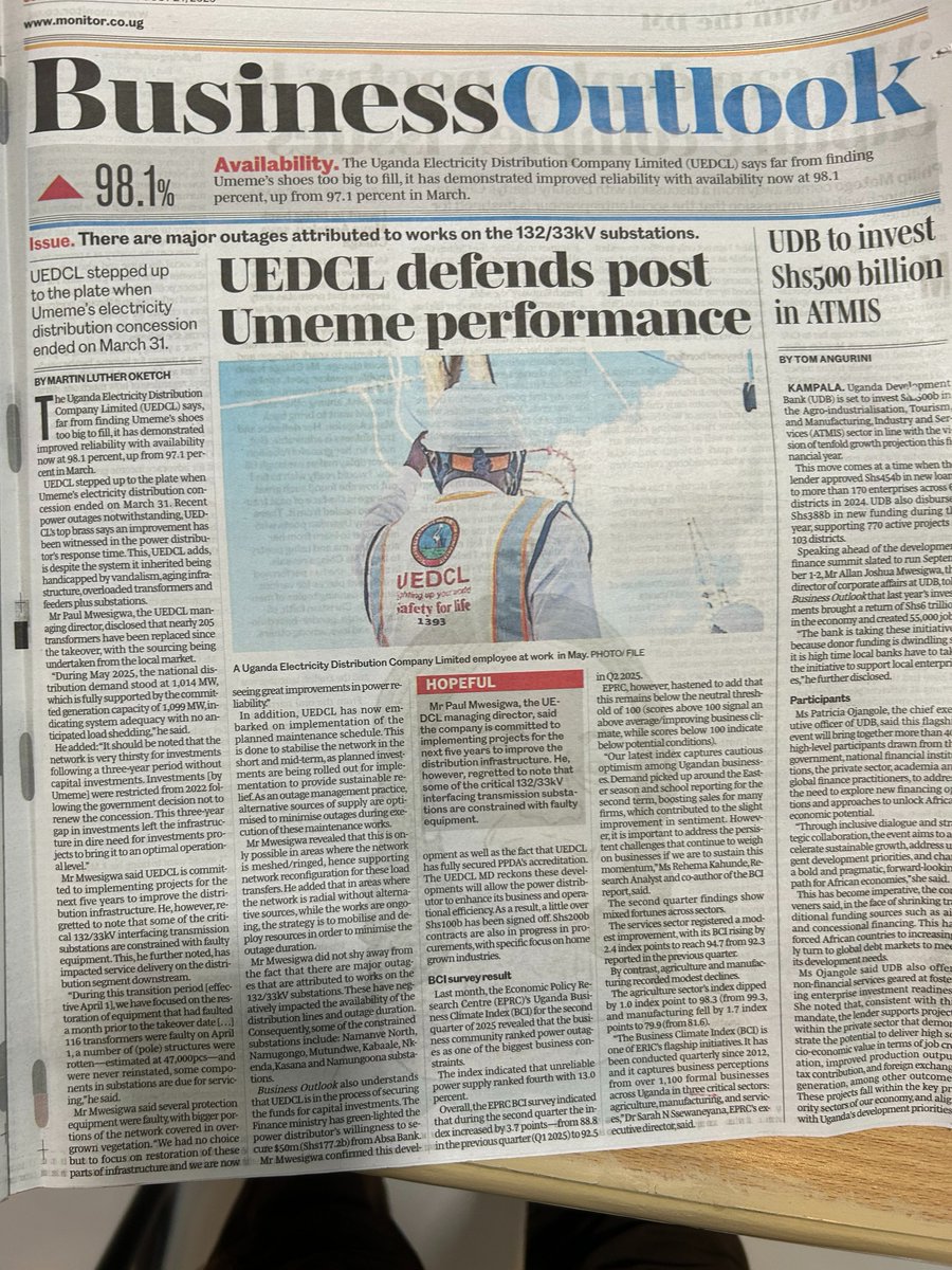 EPRC (@eprc_official) on Twitter photo In our April to June 2025 Business Climate Index (BCI) survey, the power stability issue was highlighted by business owners as one of their key concerns. <a href="/UEDCLTD/">Uganda Electricity Distribution Company Ltd</a> explains why you may at times experience an outage. <a href="/DailyMonitor/">Daily Monitor</a> coverage In our April to June 2025 Business Climate Index (BCI) survey, the power stability issue was highlighted by business owners as one of their key concerns. <a href="/UEDCLTD/">Uganda Electricity Distribution Company Ltd</a> explains why you may at times experience an outage. <a href="/DailyMonitor/">Daily Monitor</a> coverage