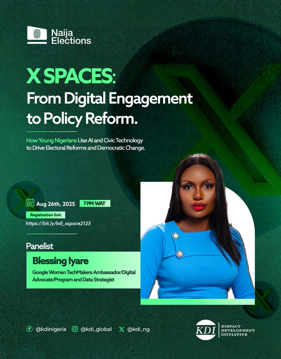 It’s happening tomorrow, 7 PM WAT!

Young Nigerians are reshaping democracy with tech, civic tools, and bold ideas. 

Join us as we bring these voices together in one powerful conversation.

Don’t miss out. Register now: bit.ly/kdi_xspace2123

Your voice matters. Be part of the