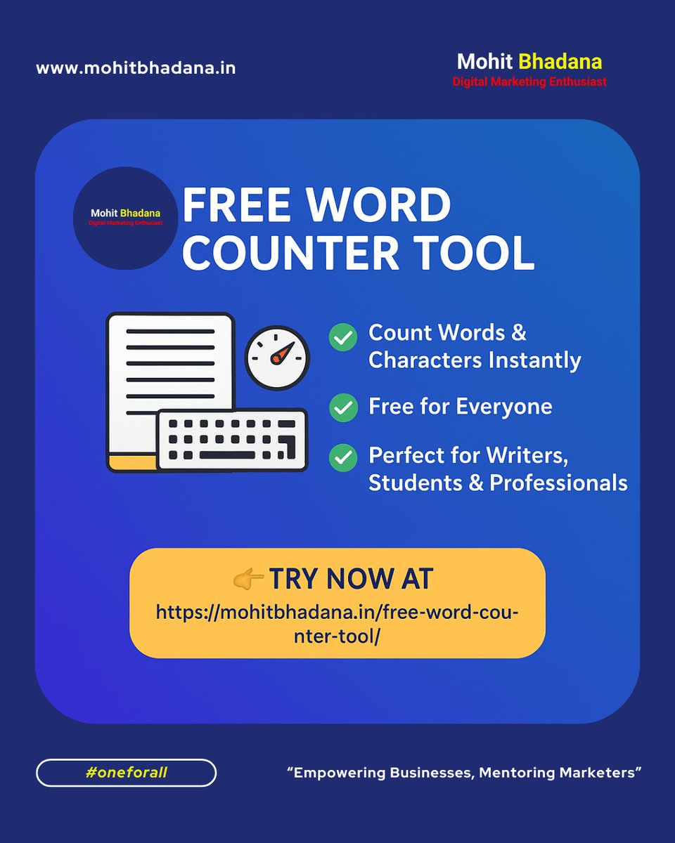 MohitBhadana_'s tweet image. ✍️ Writers, Students, Bloggers, Professionals – stop guessing word counts!
🚀 Use My Free Word Counter Tool to check words, characters &amp;amp; spaces in seconds. Perfect for SEO, blogs &amp;amp; assignments.
👉 mohitbhadana.in/free-word-coun…

#FreeTool #WordCounter #Mohitbhadana