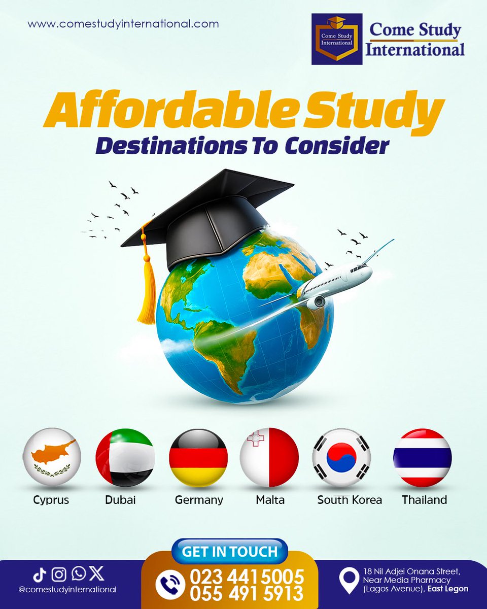 Comestudyint's tweet image. Dream big, study bigger!

🌍 Here are affordable Study Destinations for every Ghanaian student to consider.

💬 DM us or call 0234415005/0554915913 to start your journey today. #Scholarship #StudyAbroadGoals #ComeStudyWithUs