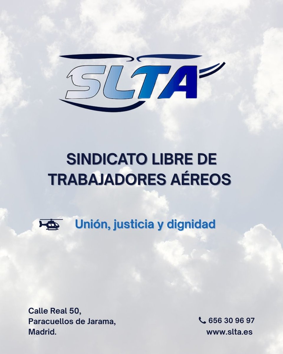 ✈️ Sindicato Libre de Trabajadores Aéreos (SLTA) 🚁

Sindicato independiente creado por y para los profesionales del sector aéreo. 

Frente a años de precariedad y olvido, levantamos una voz común para luchar por condiciones laborales justas y dignas. 💪
