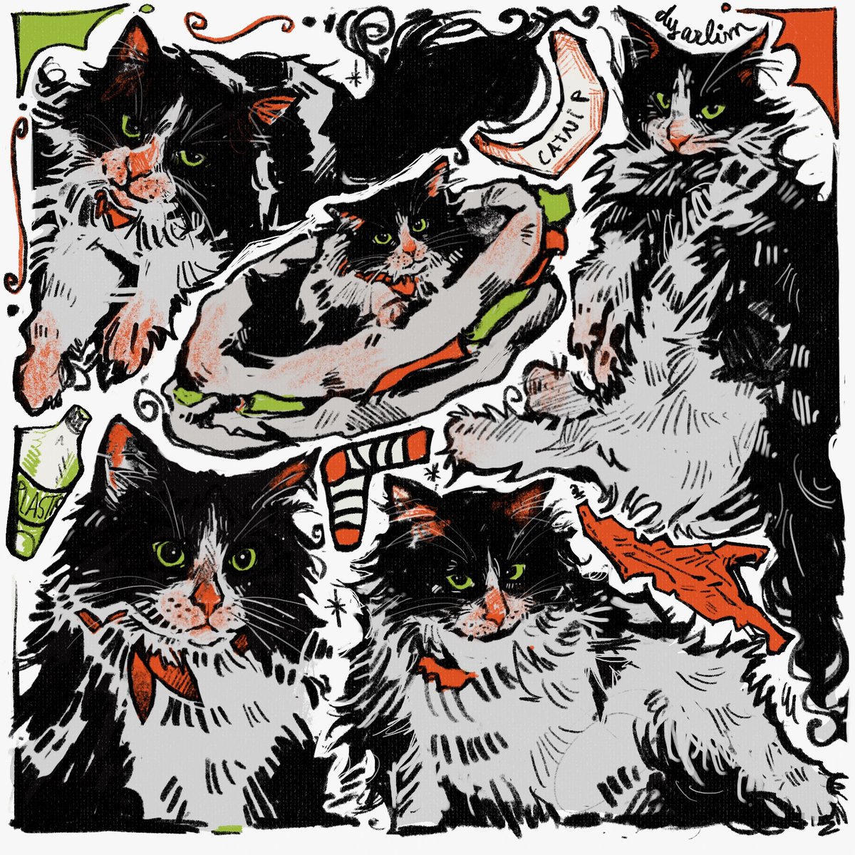 slowpurr's tweet image. Posting here too but if anyone would like a portrait/collage of their pet like this (as a commission) #hitmeup. They're a lil silly but I'm genuinely enjoying drawing these