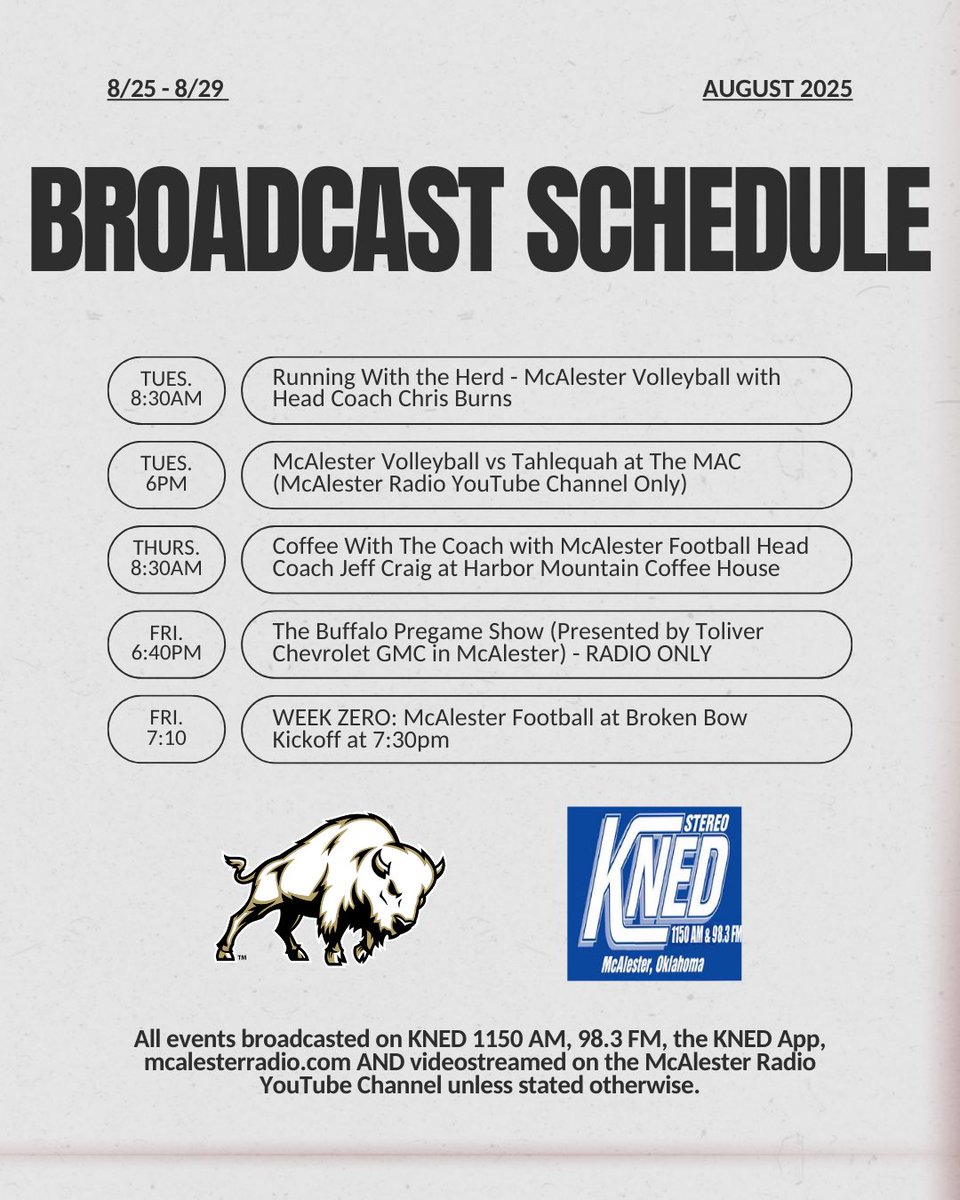 Big week for the Black and Gold!

Here’s McAlester Radio’s broadcast schedule this week for <a href="/McABuffaloes/">McAlester Athletics</a>!