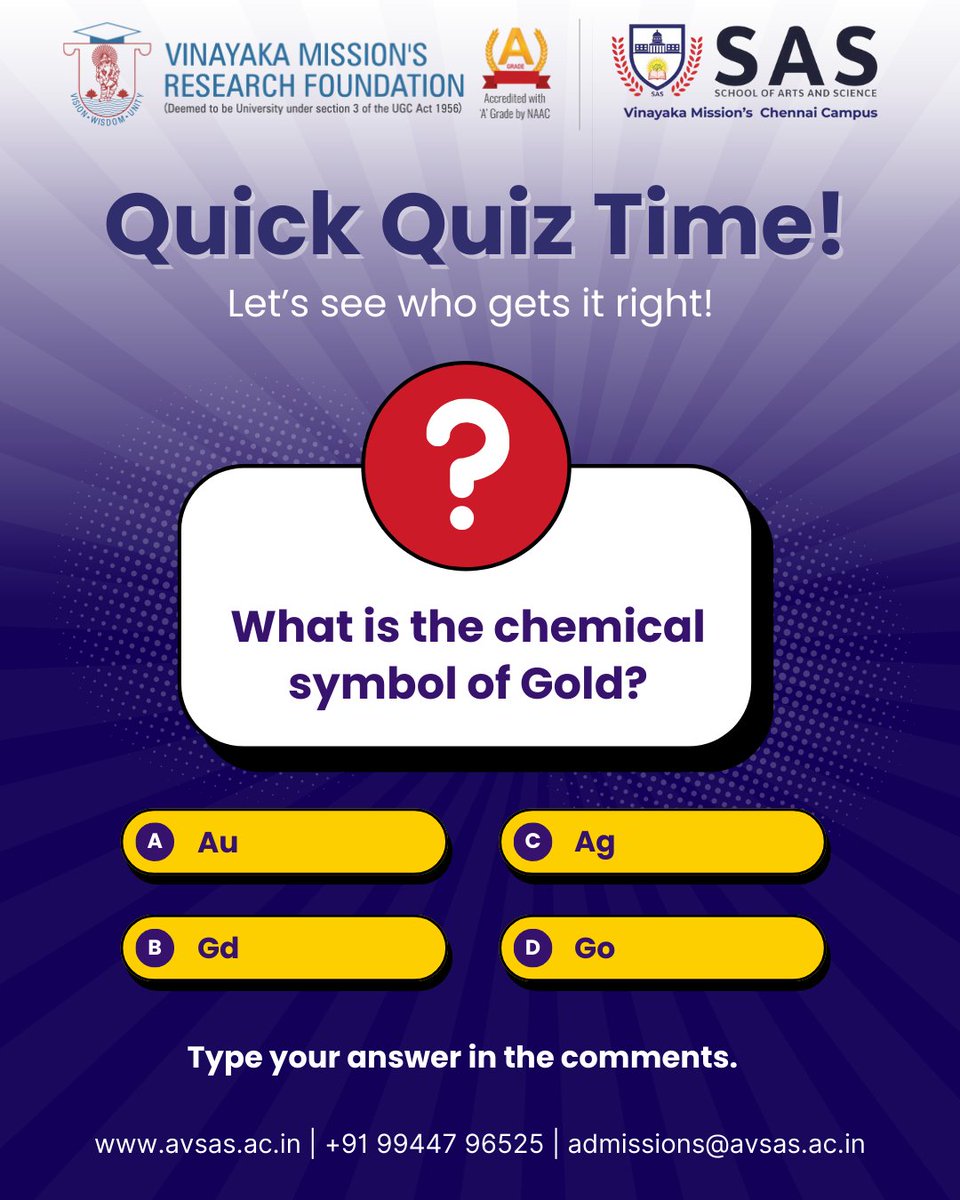 avsas_ac_in's tweet image. Quick Quiz Time!
Drop your answer in the comments 
Let’s see who gets it right first! 

#QuizTime #SASChennai #VinayakaMissions #ScienceQuiz #CollegeLife #StudentQuiz #FunWithLearning #EducationMatters #EngageAndLearn  #SAS