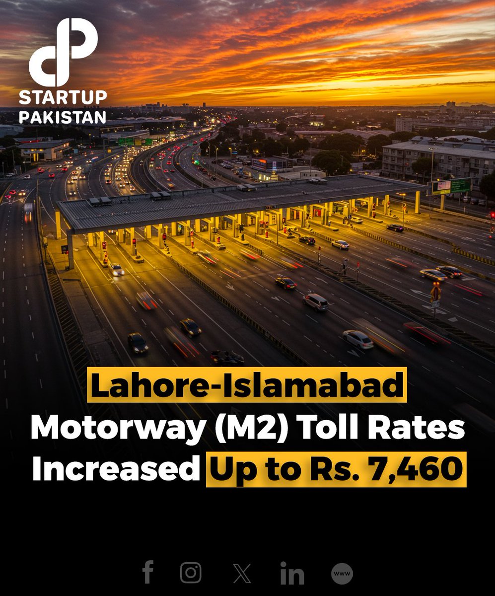 PakStartup's tweet image. Lahore-Islamabad Motorway (M2) Toll Rates Increased Up to Rs. 7,460

Read More Here: startuppakistan.com.pk/lahore-islamab…

#Lahore #islamabad #Motorway #TollRates
