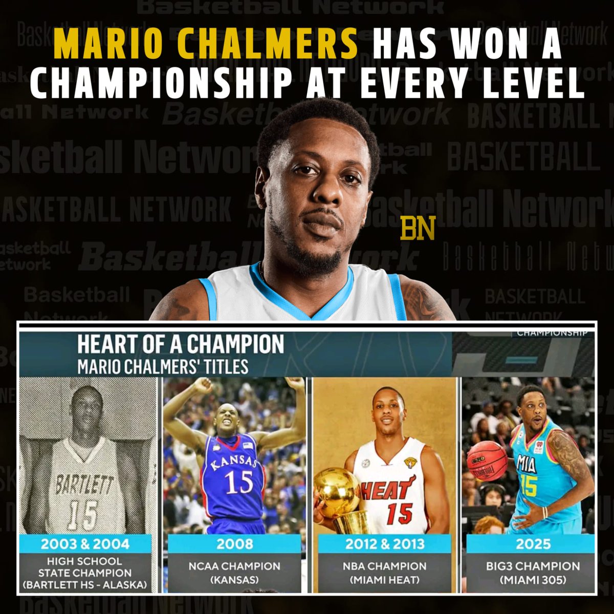 Mario Chalmers now has championships in high school, college, NBA, and the BIG3.

‘Super Mario’ has a heart of a champion 🏆