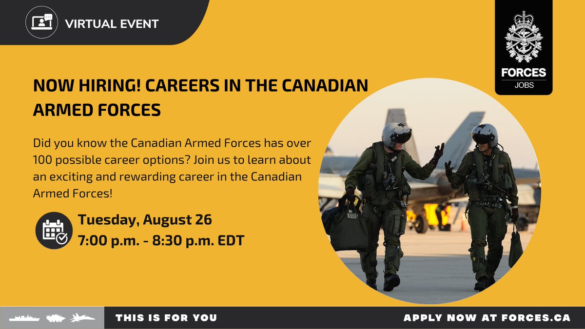 Did you know the Canadian Armed Forces has over 100 possible career options? Join us to learn about an exciting and rewarding career in the Canadian Armed Forces. Register now: forces.ca/en/events/#/de…