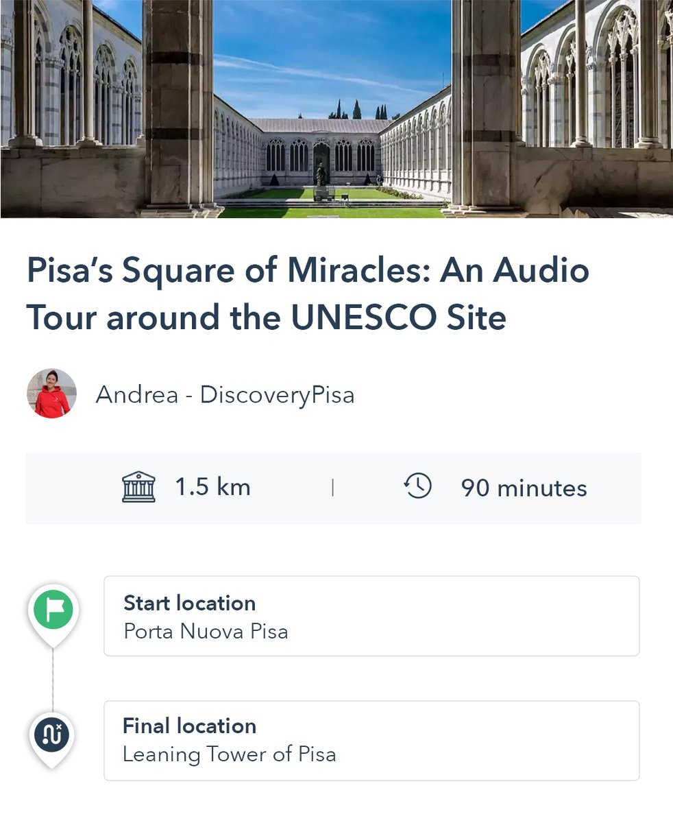 MyVoiceMap's tweet image. Why is Pisa&apos;s landmark square called the Square of Miracles? ✨

Hear about the origins of its name – known locally as Piazza del Duomo – on this walking tour by @discoverypisa. 

🔗voicemap.me/towerpisa

#Pisa #SquareOfMiracles #UNESCO #VoiceMap #AudioTour #VisitItaly