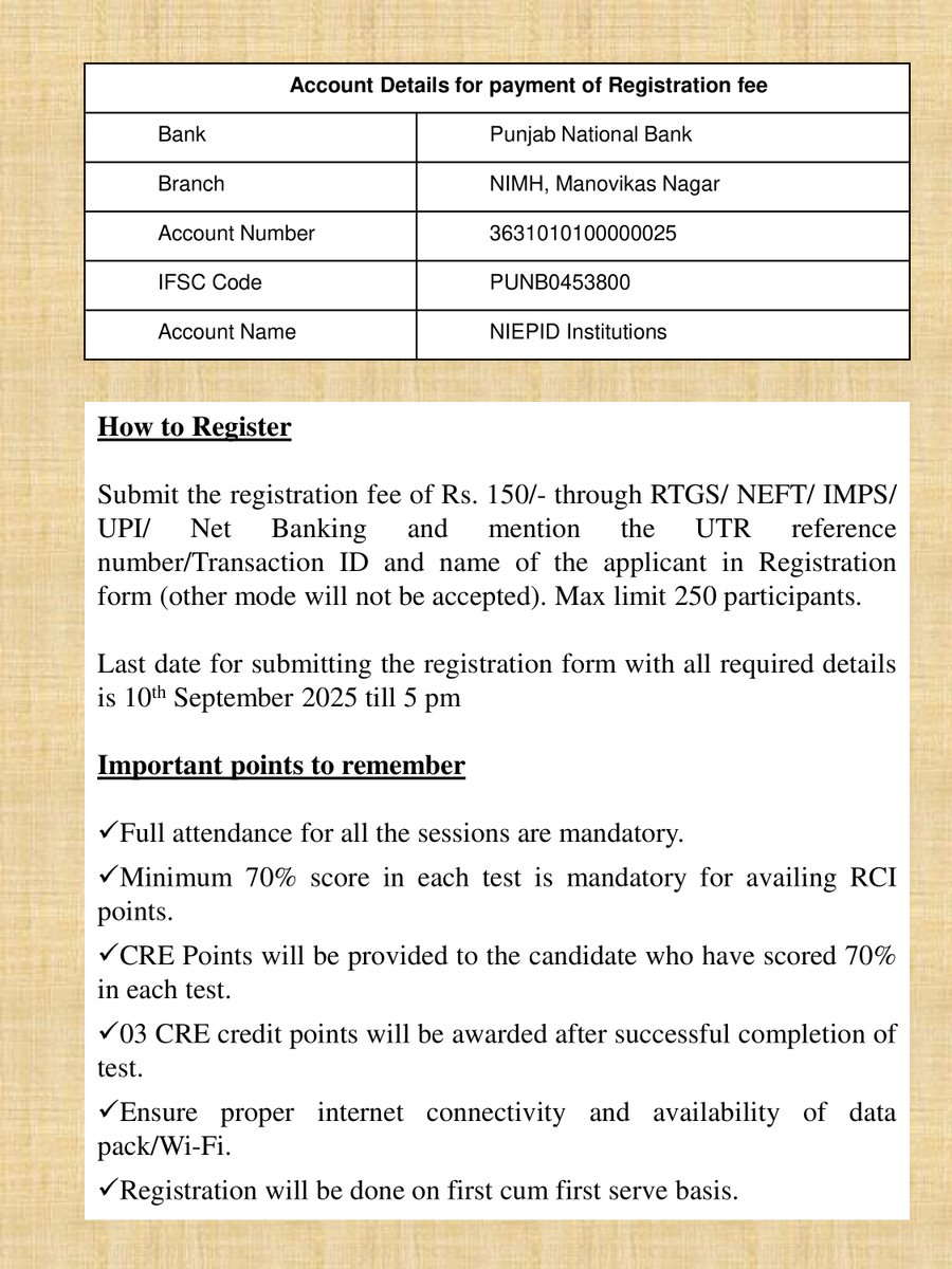 NIEPID, Dept. of Therapeutics, conducting a 3 hrs RCI approved webinar title "Communication and Motor Aspects in Epileptic Disorders" on 03-09-2025.
Timing: 10:00 AM- 01:00 PM
Registration charges: Rs. 150
Registration link: forms.gle/WeYzXUvwz4yCBL…