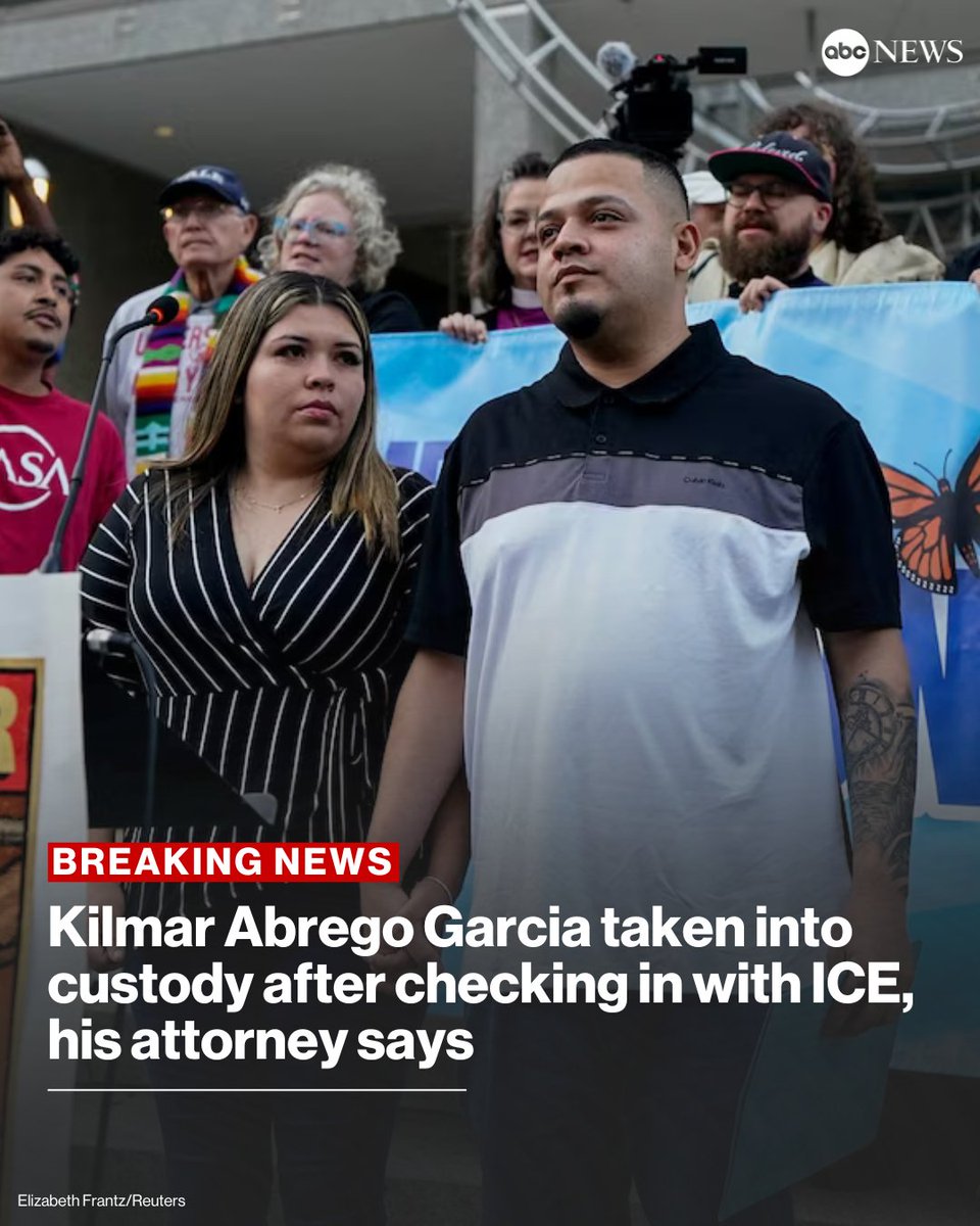 ABC's tweet image. JUST IN: Kilmar Abrego Garcia was taken into immigration custody after checking in with ICE at its office in Baltimore on Monday morning, his attorney announced.

Read more: abcnews.link/l9d77SK