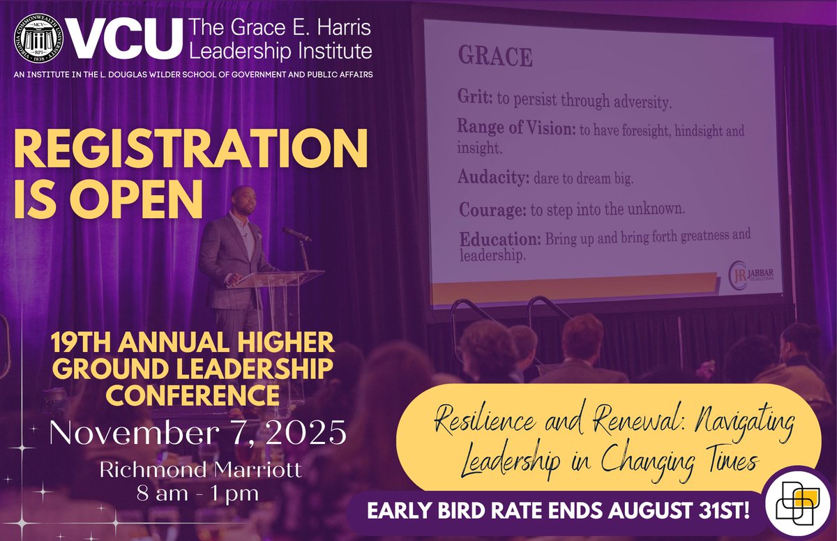 🚨 Last Call for Early Bird! 🚨
Save your spot at the 19th Annual HIGHER Ground Leadership Conference — and save $50 when you register by Aug 31.

A half-day of inspiration, connection &amp; practical leadership strategies.

🎟 Don’t miss it → gehli.vcu.edu/higher-ground-…