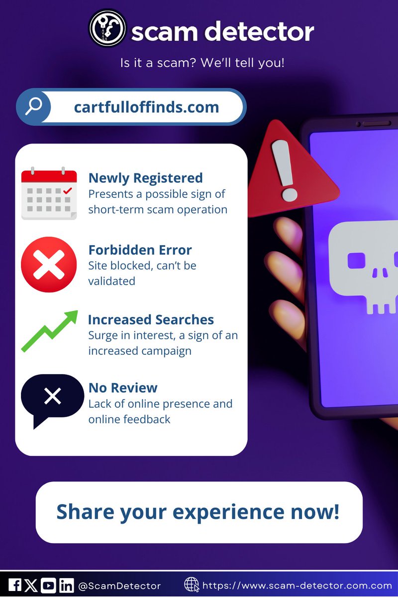 ScamDetector's tweet image. Is cartfulloffinds[.]com legit? Learn key security tips to identify online scams before you click. 

Full validation report 👉 scam-detector.com/validator/cart…

#scamdetectorvalidator #securitytips #validationreport