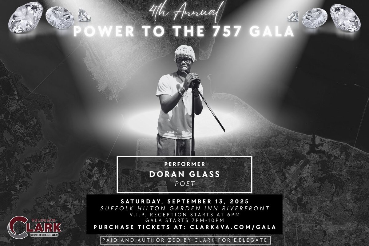 NadariusClarkVA's tweet photo. Thrilled to share that Doran Glass π€π will grace the stage with an inspiring poem at the 4th Annual Power to the 757 Gala! π Be part of this incredible evening β tickets are going quickly ποΈπ₯ Secure yours now at https://t.co/QJWnVbFEEi #PowerToThe757 #757Strong https://t.co/9FKMwisSyX