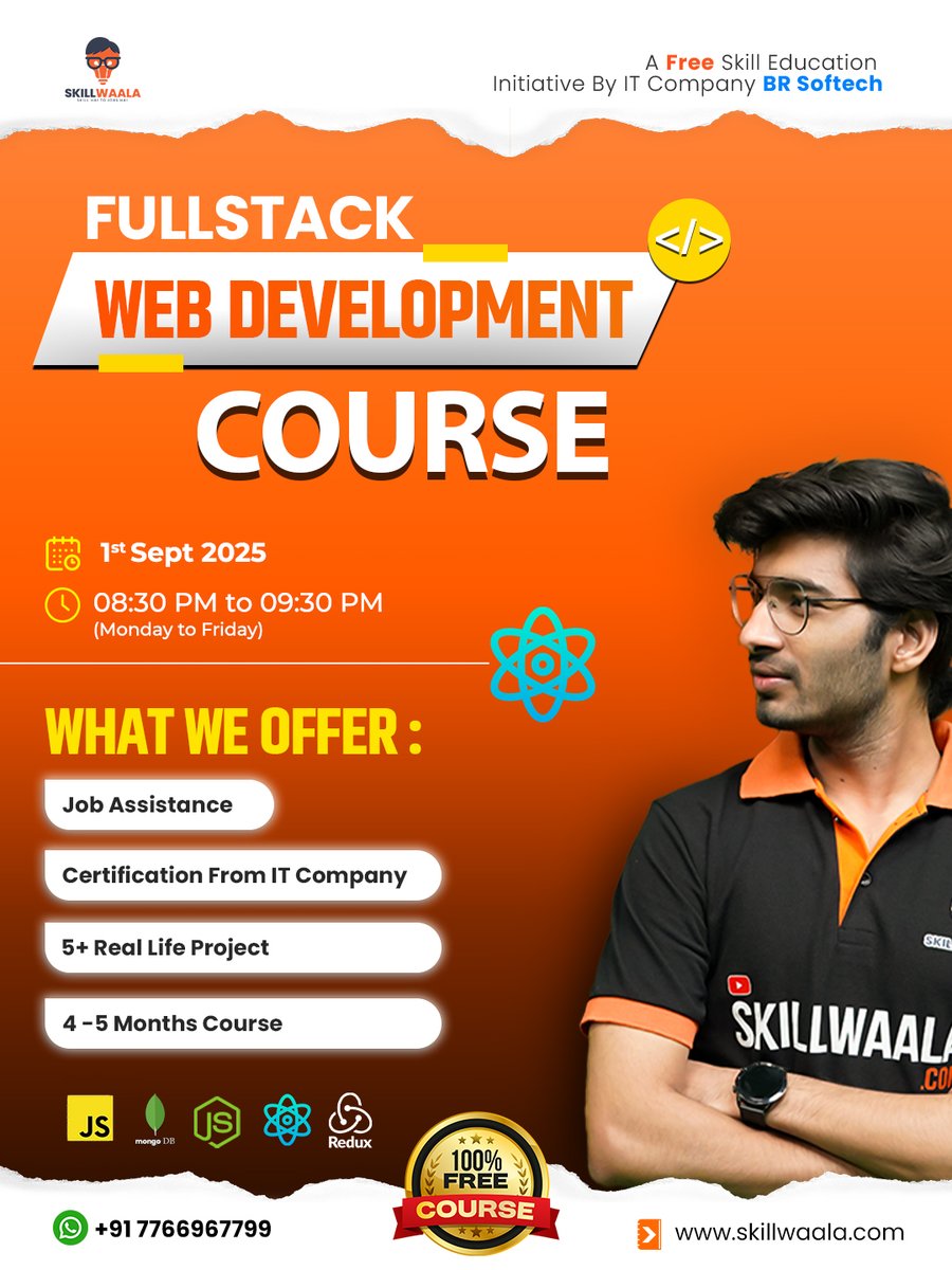 skillWaala's tweet image. Skillwaala’s Full Stack Web Development Course
✅ Batch 4 starts from 1st September
✅ Daily 1-hour live classes (easy to manage with studies/work)
✅ 4–5 months course with complete guidance
#Skillwaala #FullStackDevelopment #WebDevelopmentCourse #LearnToCode #CodingCareer