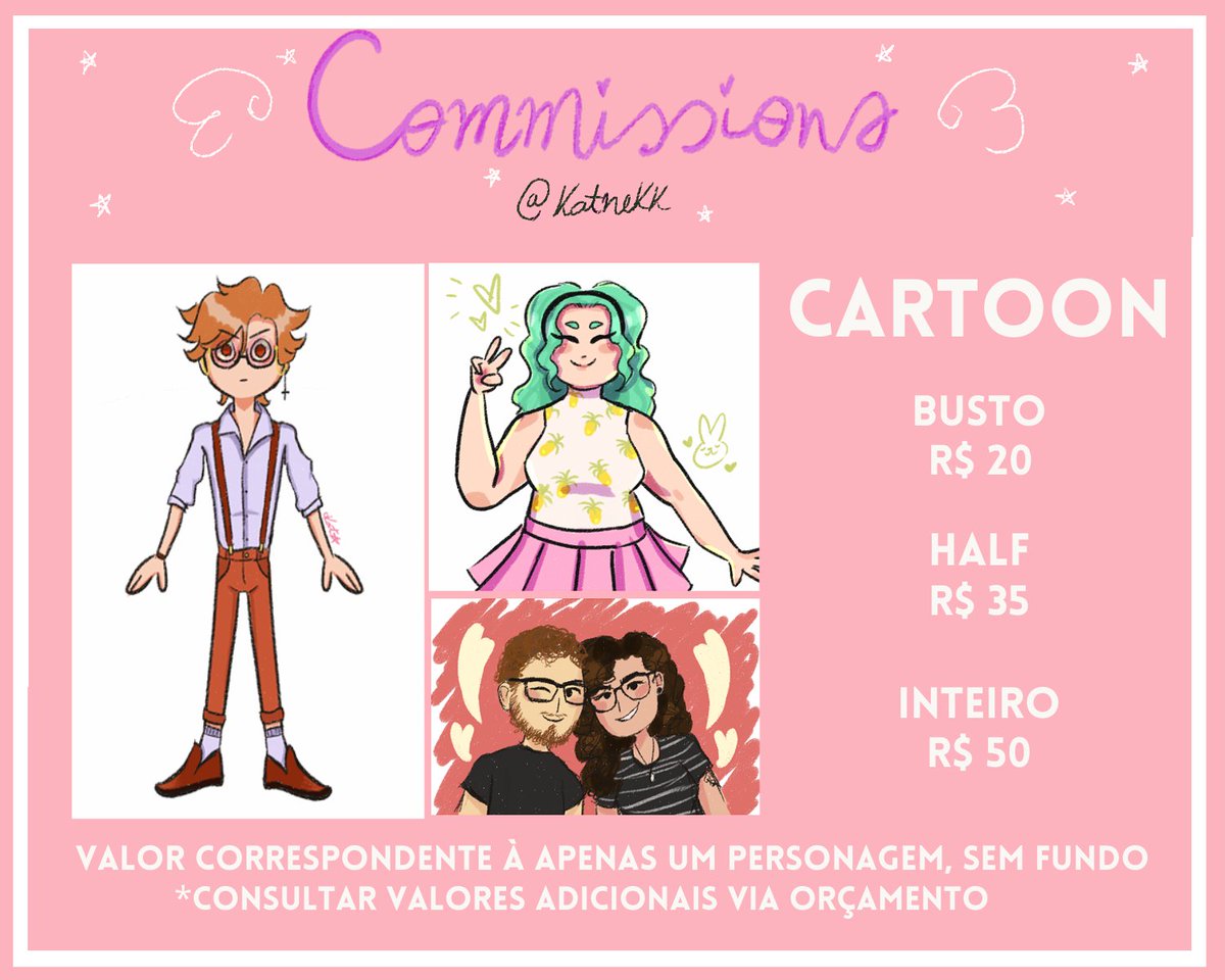 katnekk's tweet photo. Voltando a abrir encomendas de desenhinhos! 
Os valores são correspondentes a um personagem, fundo branco. Para outros estilos e adicionais, consultar orçamento! ❤️❤️
Vem fazer um desenhinho bonito comigo, vemmm https://t.co/bM580G6mZg