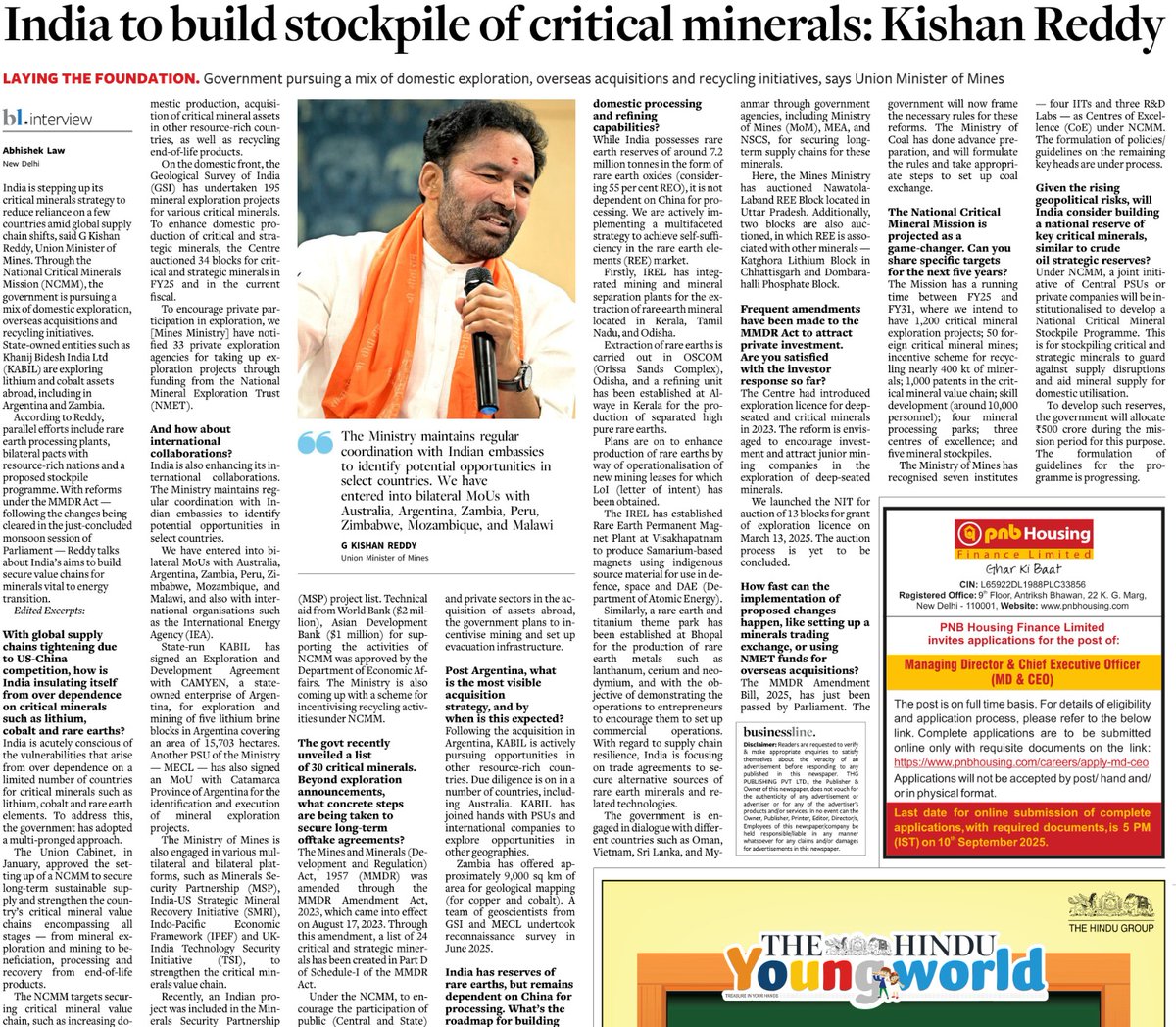 G Kishan Reddy (@kishanreddybjp) on Twitter photo Critical Minerals are vital in achieving Viksit Bharat by 2047.
Understanding the strategic significance of critical minerals and ongoing geopolitical volatility, the <a href="/MinesMinIndia/">Ministry of Mines</a> is adopting a multi-pronged approach to achieving atmanirbharta.
In my interview with Critical Minerals are vital in achieving Viksit Bharat by 2047.
Understanding the strategic significance of critical minerals and ongoing geopolitical volatility, the <a href="/MinesMinIndia/">Ministry of Mines</a> is adopting a multi-pronged approach to achieving atmanirbharta.
In my interview with