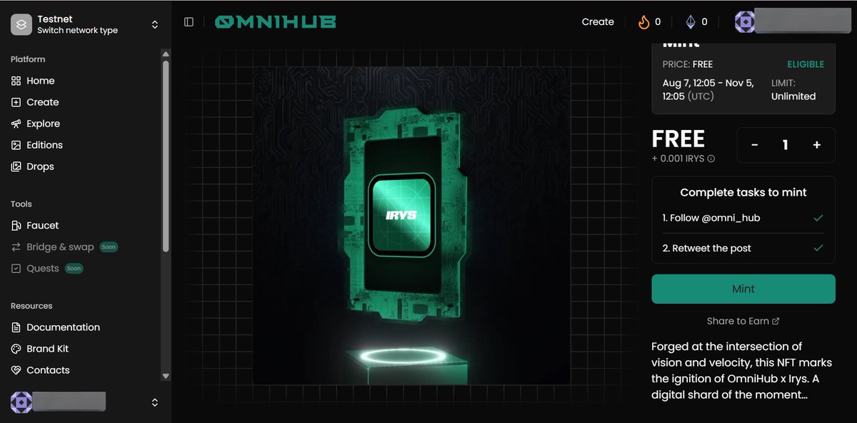 I just minted the <a href="/irys_xyz/">Irys (✧ᴗ✧)</a> x <a href="/Omni_Hub/">OmniHub</a> NFT.

To mint your go to omnihub(.)xyz/collection/irys-testnet, follow the steps, and mint yours.

Don’t wait around, mint now.

Hirys 🩵