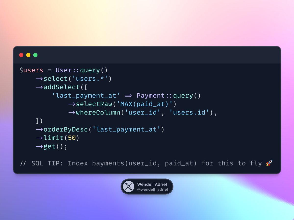Laravel Tip 🚀

You can add subqueries to your queries with Eloquent with the addSelect method. This can make queries much cleaner and sometimes avoid JOINs that are not needed.

Check this example on how to order users by the last payment date without a JOIN. 🔥