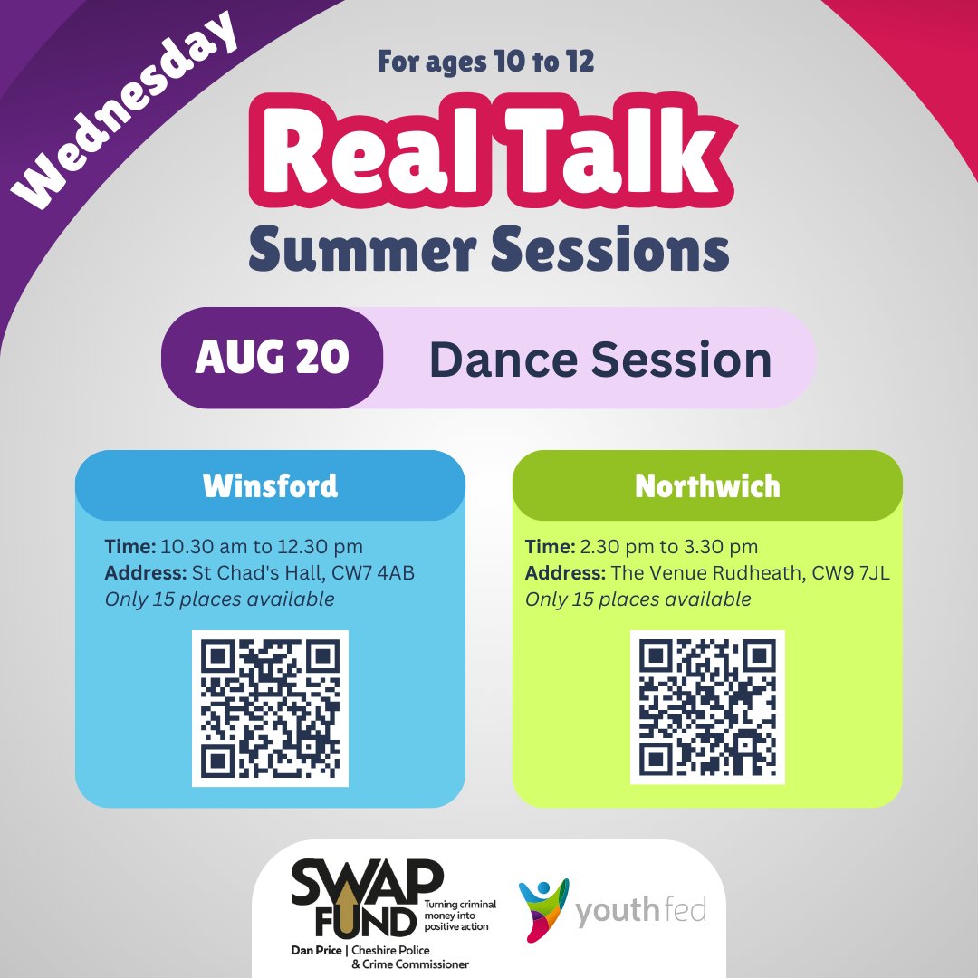 This Wednesday we have FREE dance sessions in #Winsford  and #Northwich 💃👯

WINSFORD
Sign up here: forms.office.com/e/LyYZ00KiuZ

NORTHWICH
Sign up here: forms.office.com/e/KR6zAPCVwW

Special thanks to @cheshirepcc through their #SWAPfund for supporting these events.