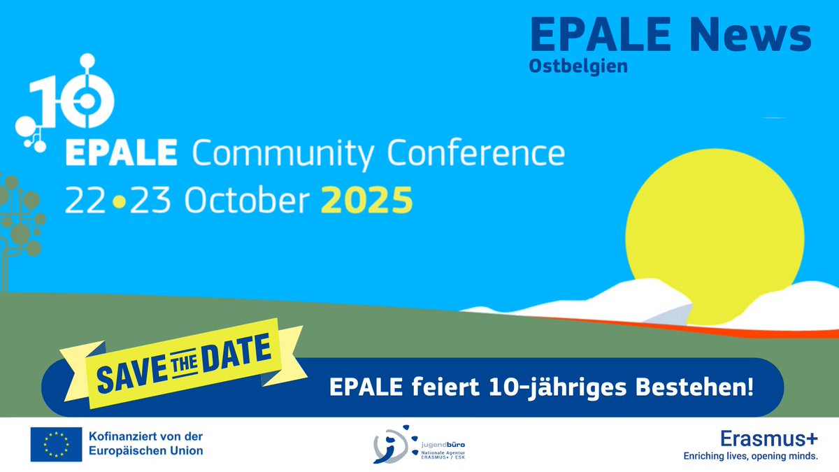 🎉 Save the Date: 22.–23.10.25

#EPALE feiert sein 10-jähriges Jubiläum mit einer großen Community-Konferenz in Brüssel &amp; online!
Unsere Kernthemen:
🤖 Künstliche Intelligenz
📚 Grundlegende Kompetenzen
🌍 Zukunftsorientierte Skills

👉 Alle Infos: bit.ly/3JCkazz
