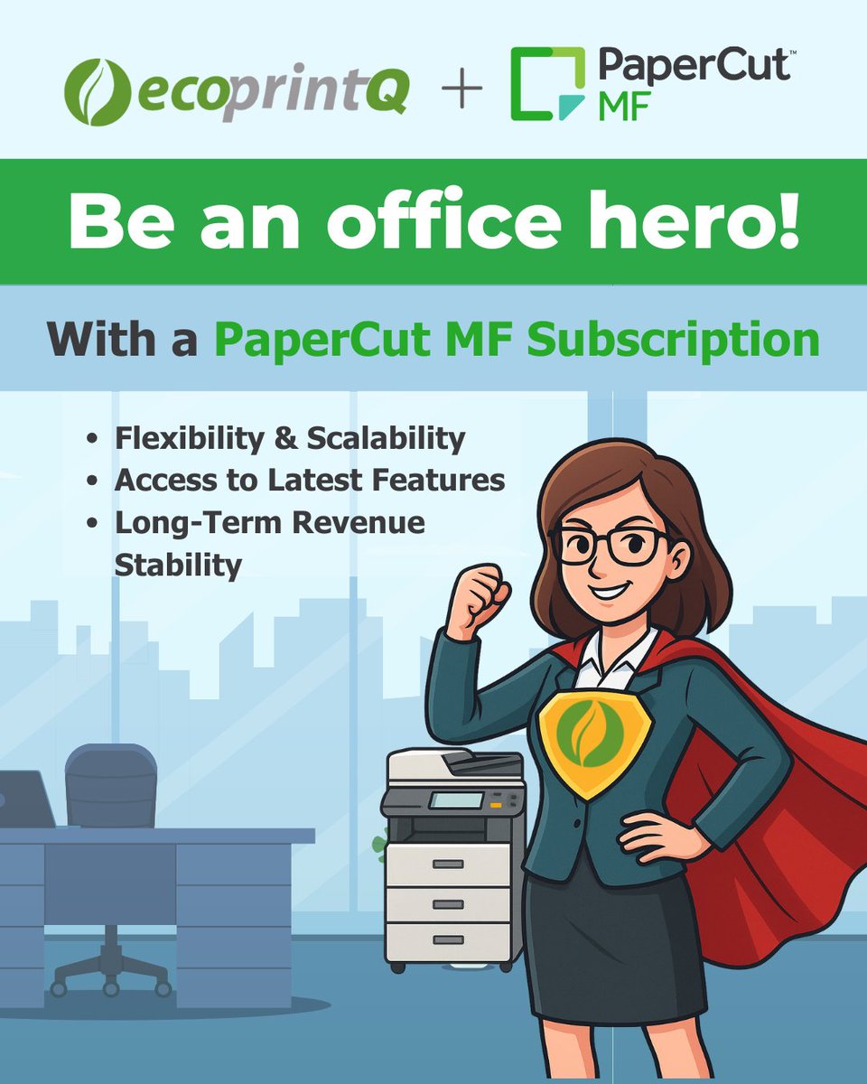 Not all heroes wear capes… but some manage office print environments. ✨
With a PaperCut MF Subscription, you don’t have to keep track of license renewals or dates. It’s simple, seamless, and one less thing on your plate.

Click here to learn more. ecoprintq.com/papercut-mf/
