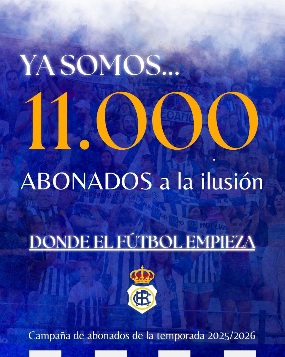 ¡Recreativistas, hacemos historia juntos! 💙🙌🏼

Ya somos 𝟏𝟏.𝟎𝟎𝟎 𝒂𝒃𝒐𝒏𝒂𝒅𝒐𝒔 y seguimos batiendo récords 🤩

#DondeElFutbolEmpieza #DecanoDelFutbolEspañol